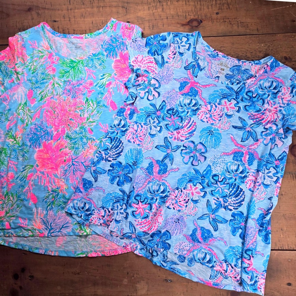 Lot of 2 Lilly Pulitzer Etta Scoop Neck Tops Shirts Womens XL Pink Blue Cotton